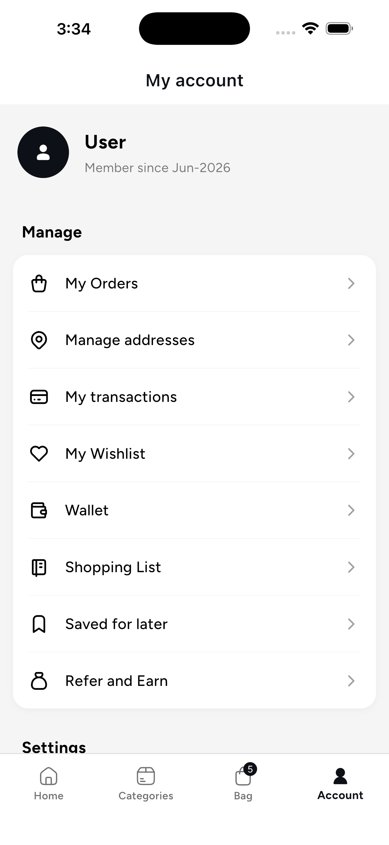 Account screen