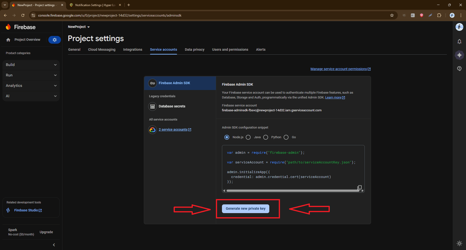 Service Accounts — generate new private key