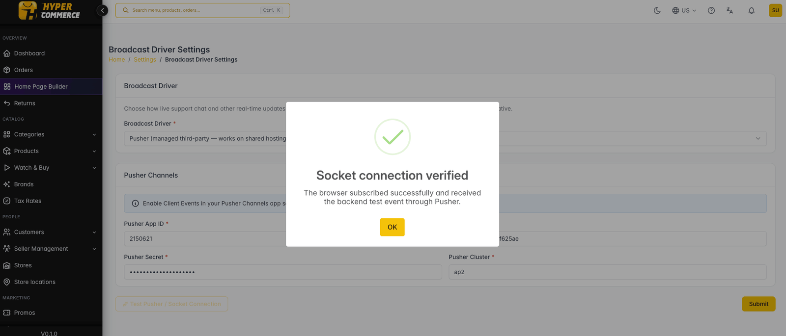 Successful broadcast connection test